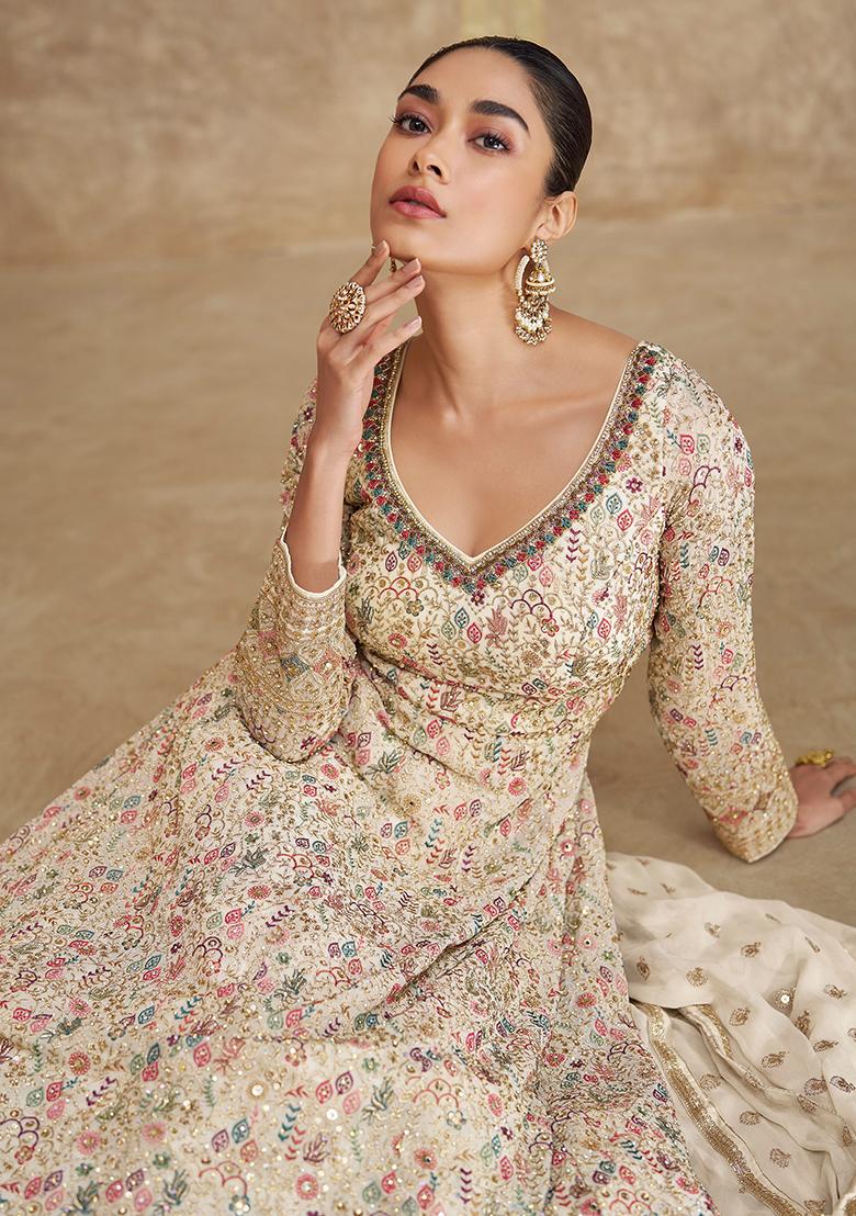 Beige Sequin Embroidered Georgette Gown Set