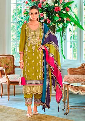 Green Sequin Embroidered Chinon Kurta Set