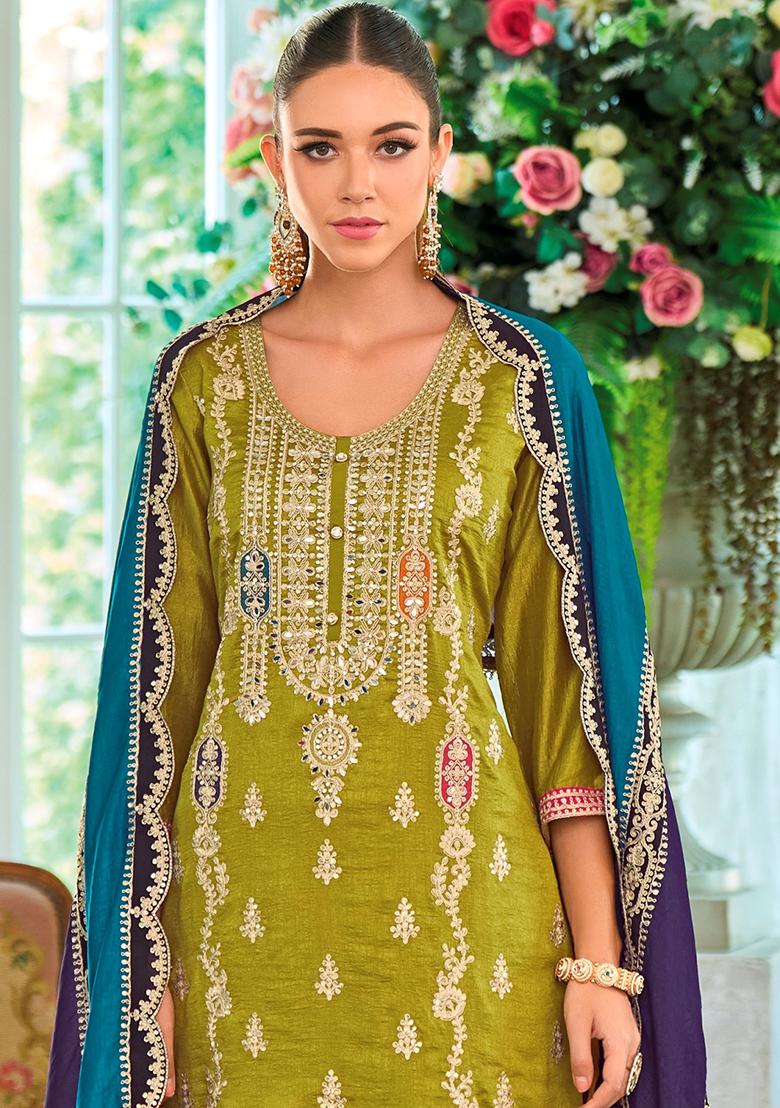 Green Sequin Embroidered Chinon Kurta Set