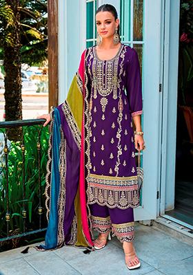 Purple Sequin Embroidered Chinon Kurta Set