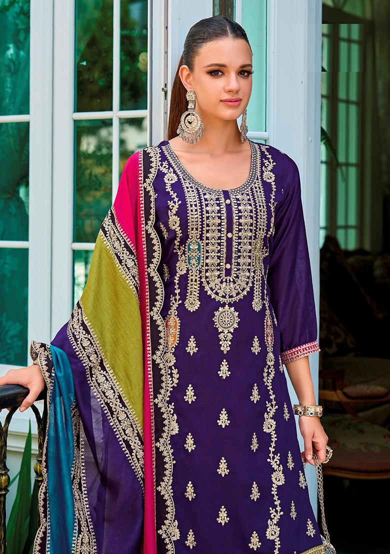 Purple Sequin Embroidered Chinon Kurta Set