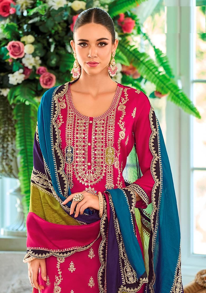 Pink Sequin Embroidered Chinon Kurta Set