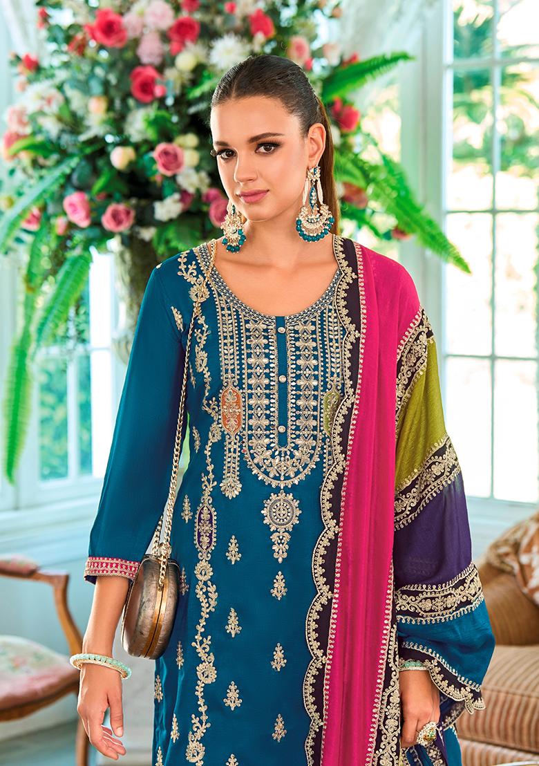 Aqua Blue Sequin Embroidered Chinon Kurta Set