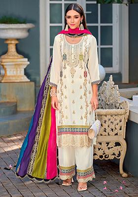 Cream Sequin Embroidered Chinon Kurta Set