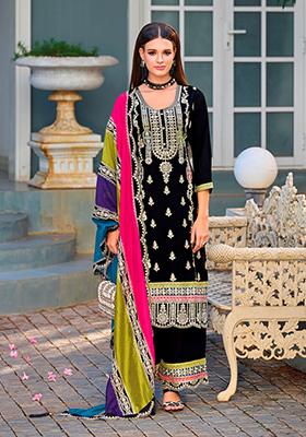 Black Sequin Embroidered Chinon Kurta Set