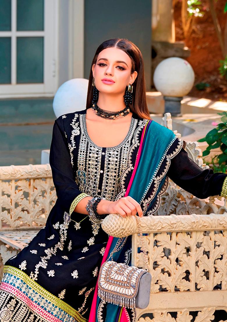 Black Sequin Embroidered Chinon Kurta Set
