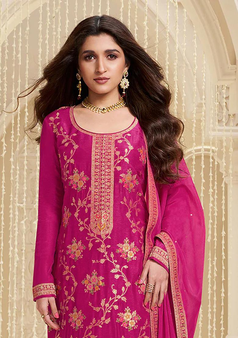 Pink Sequin Embroidered Viscose Kurta Set