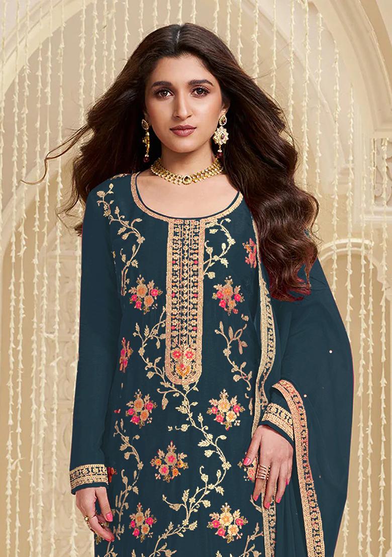 Dark Grey Sequin Embroidered Viscose Kurta Set