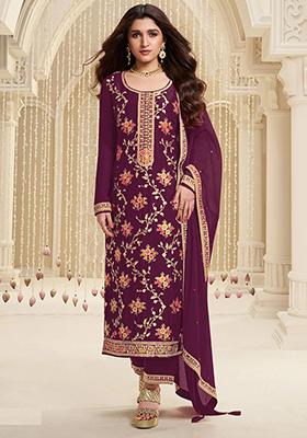 Wine Sequin Embroidered Viscose Kurta Set