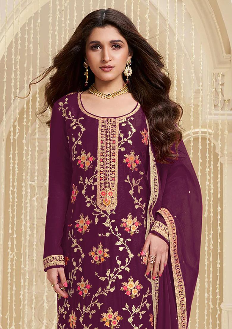 Wine Sequin Embroidered Viscose Kurta Set