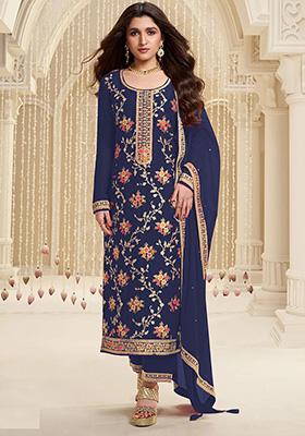 Blue Sequin Embroidered Viscose Kurta Set