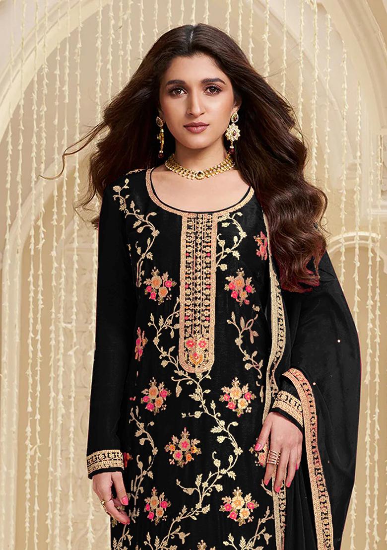 Black Sequin Embroidered Viscose Kurta Set