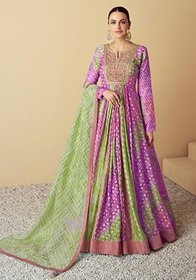 Purple and Green Sequin Embroidered Muslin Gown Set Set