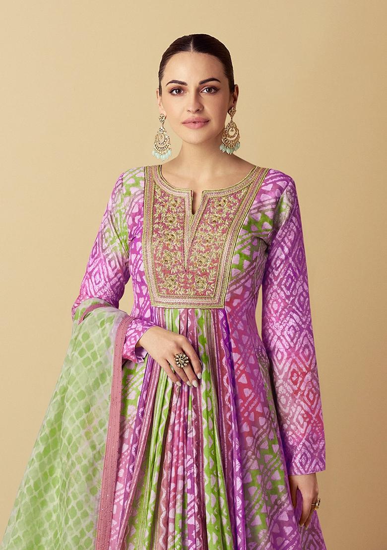 Purple and Green Sequin Embroidered Muslin Gown Set Set