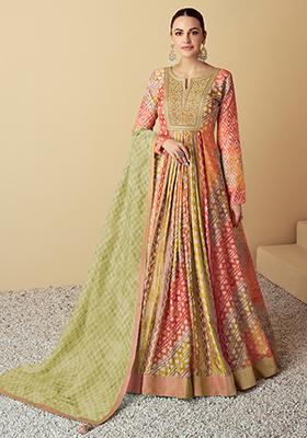 Orange Sequin Embroidered Muslin Gown Set Set