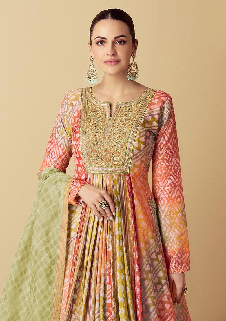 Orange Sequin Embroidered Muslin Gown Set Set