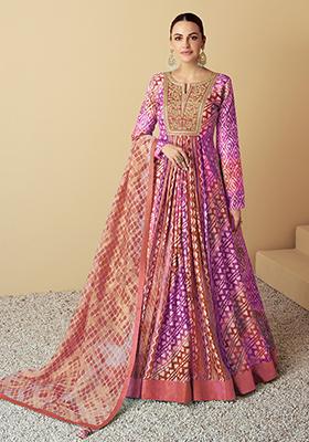 Purple and Peach Sequin Embroidered Muslin Gown Set Set