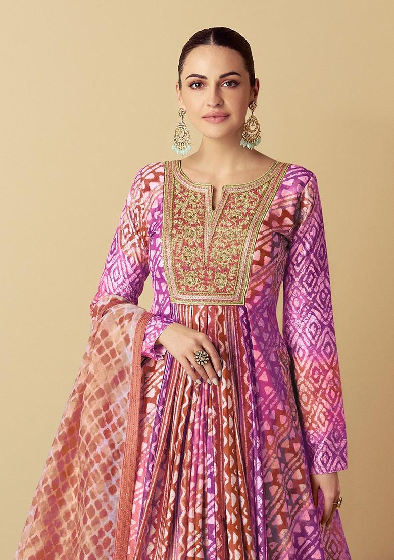 Purple and Peach Sequin Embroidered Muslin Gown Set Set