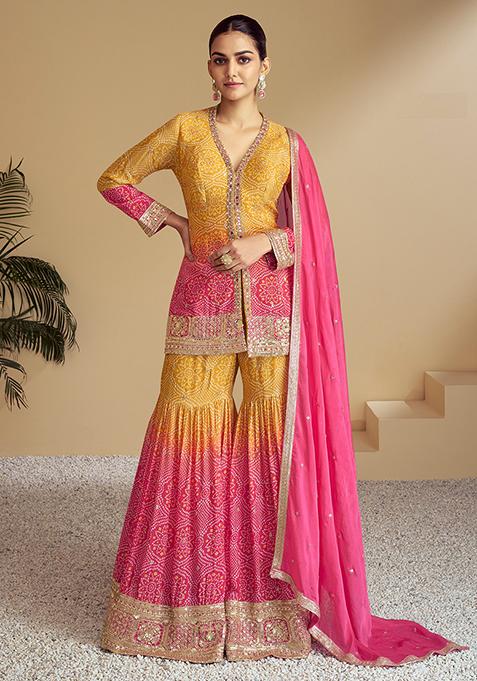 Yellow Sequin Embroidered Chinon Sarara Set
