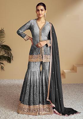 Grey Sequin Embroidered Chinon Sarara Set