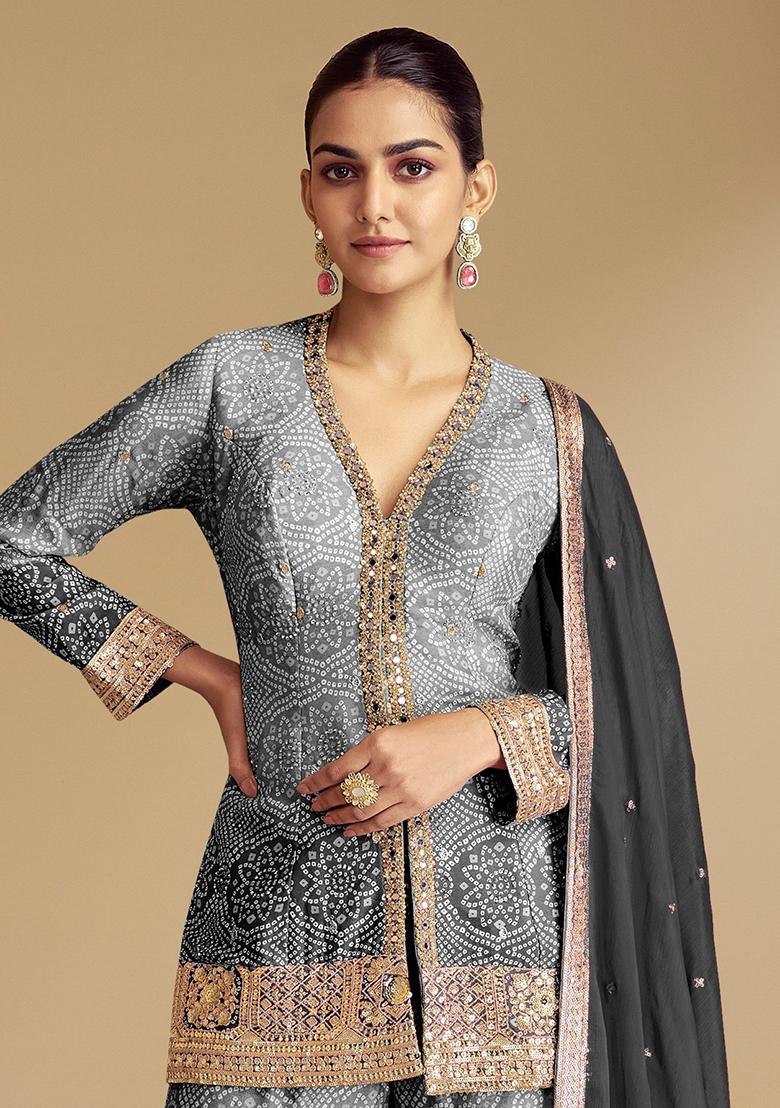 Grey Sequin Embroidered Chinon Sarara Set