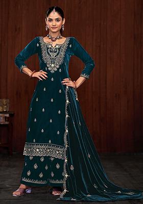 Rama Blue Sequin Embroidered Velvet Kurta Set