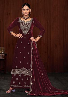 Maroon Sequin Embroidered Velvet Kurta Set