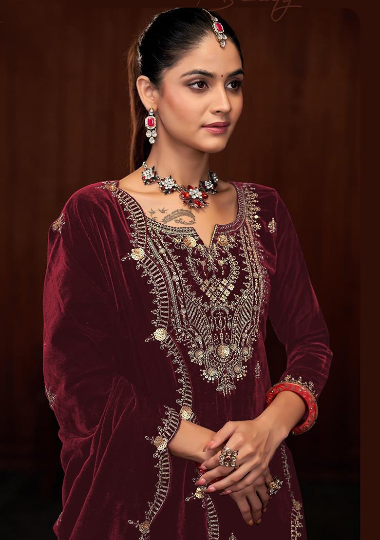 Maroon Sequin Embroidered Velvet Kurta Set