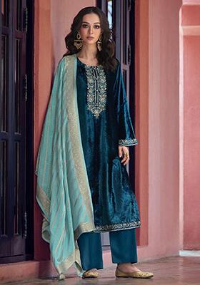 Aqua Blue Sequin Embroidered Velvet Kurta Set