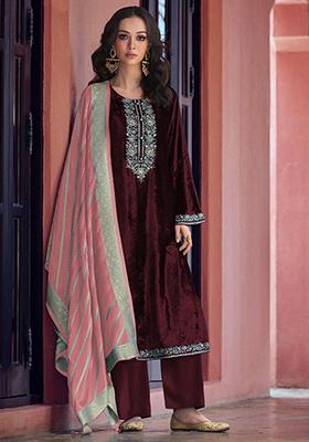 Maroon Sequin Embroidered Velvet Kurta Set