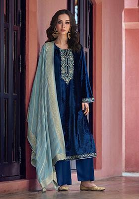 Blue Sequin Embroidered Velvet Kurta Set