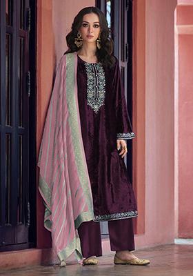 Purple Sequin Embroidered Velvet Kurta Set