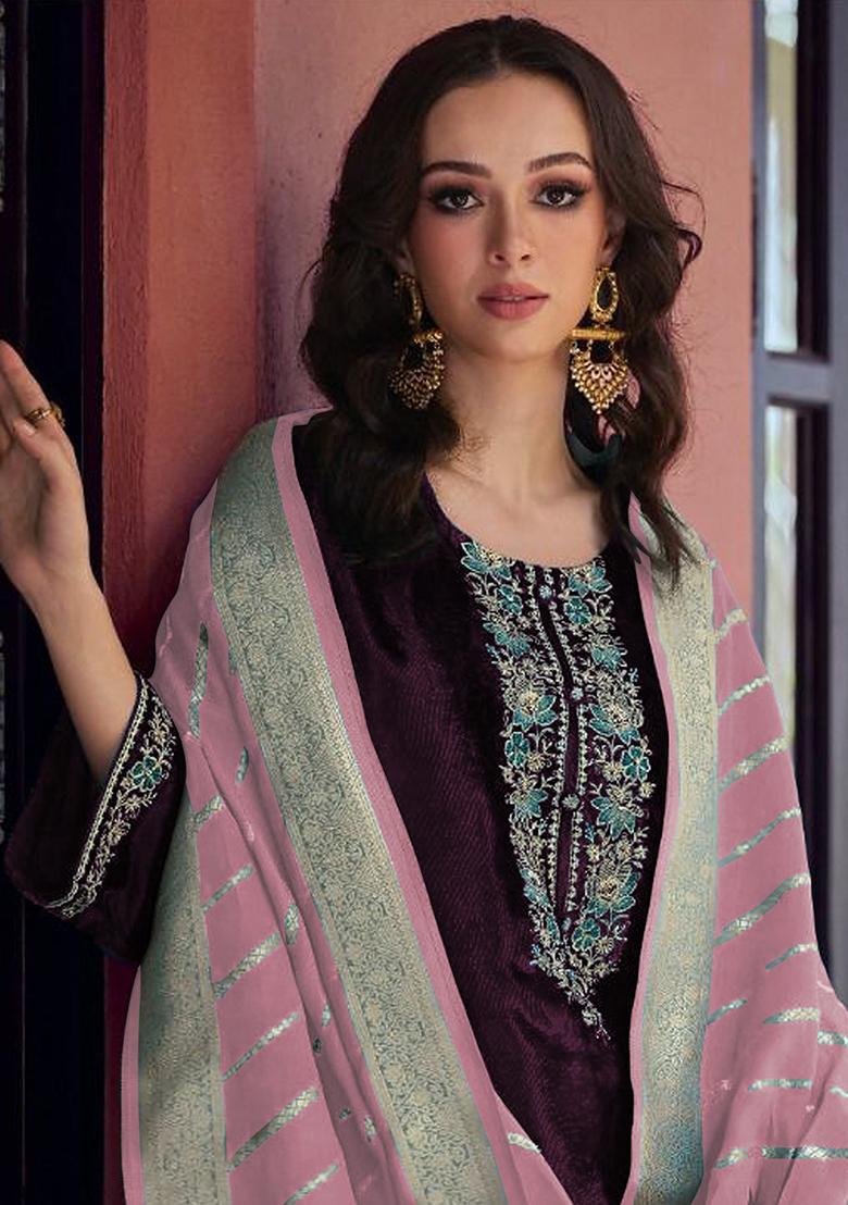 Purple Sequin Embroidered Velvet Kurta Set