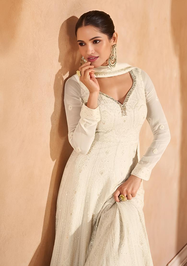 White Sequin Embroidered Georgette Gown Set