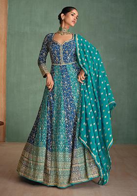 Sky Blue Sequin Embroidered Georgette Gown Set