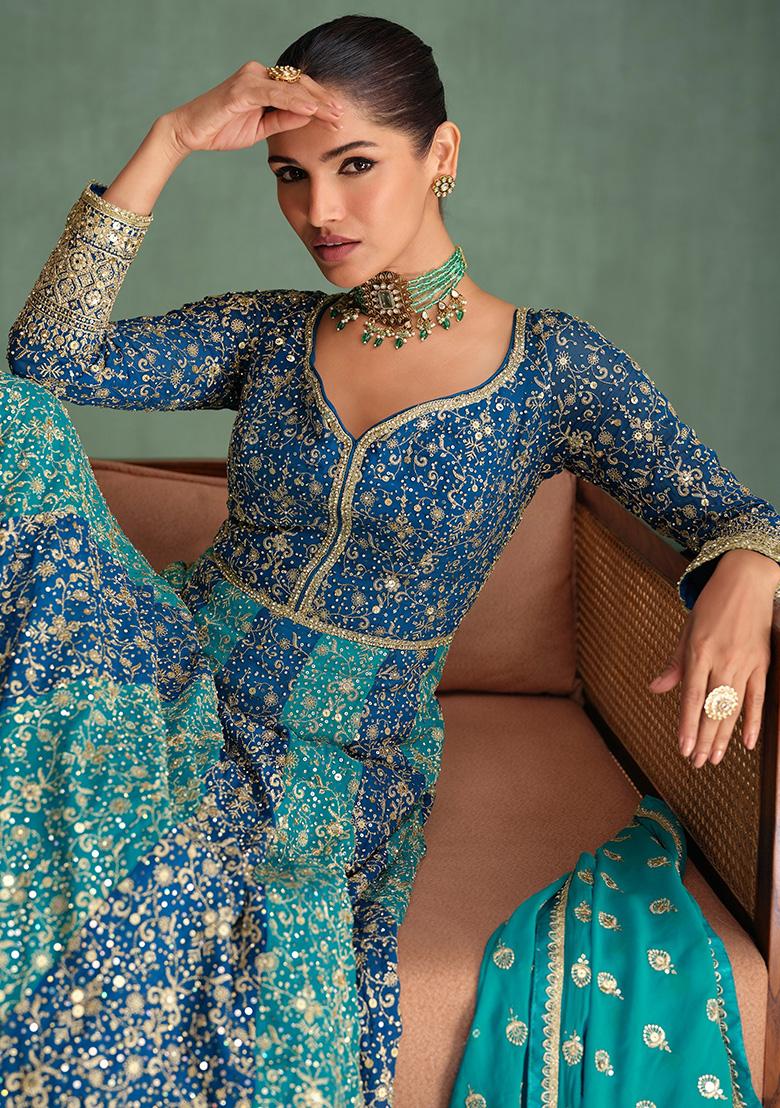 Sky Blue Sequin Embroidered Georgette Gown Set