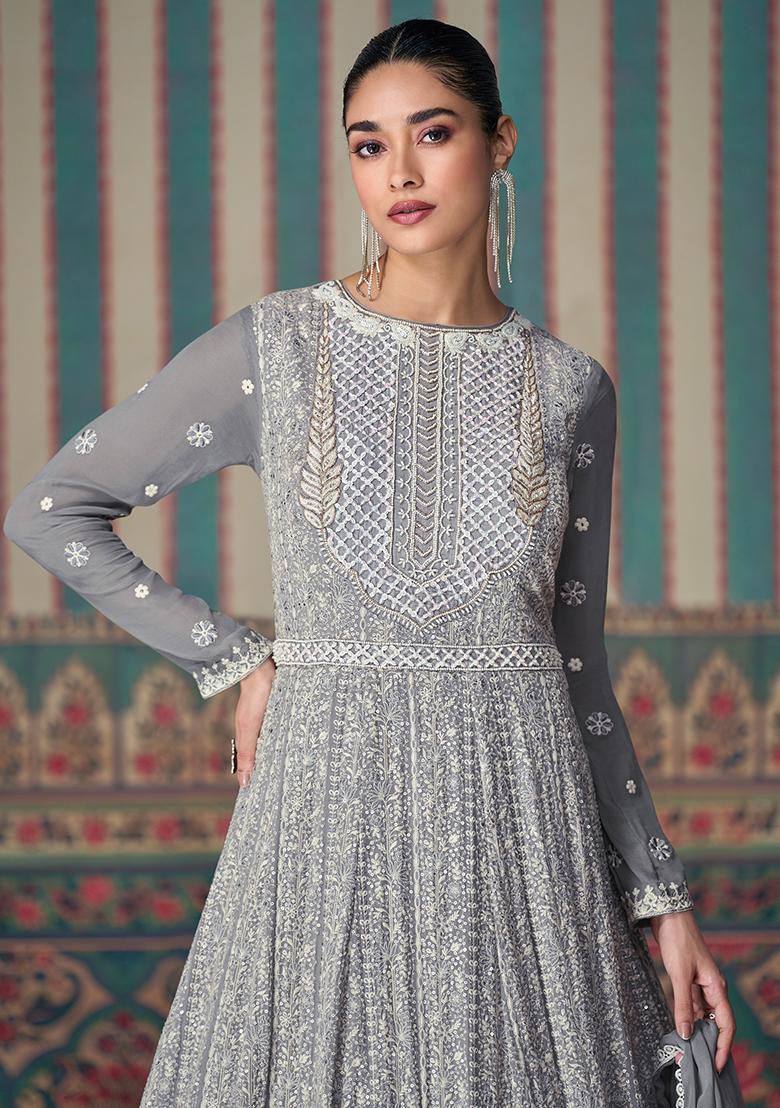 Grey Sequin Embroidered Georgette Gown Set