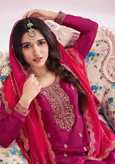 Vichitra Silk Three Piece Set: Embroidered Sleeves & Dupatta-Kingfisher Blue.