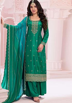 Pine Green Sequin Embroidered Vichitra Kurta Set