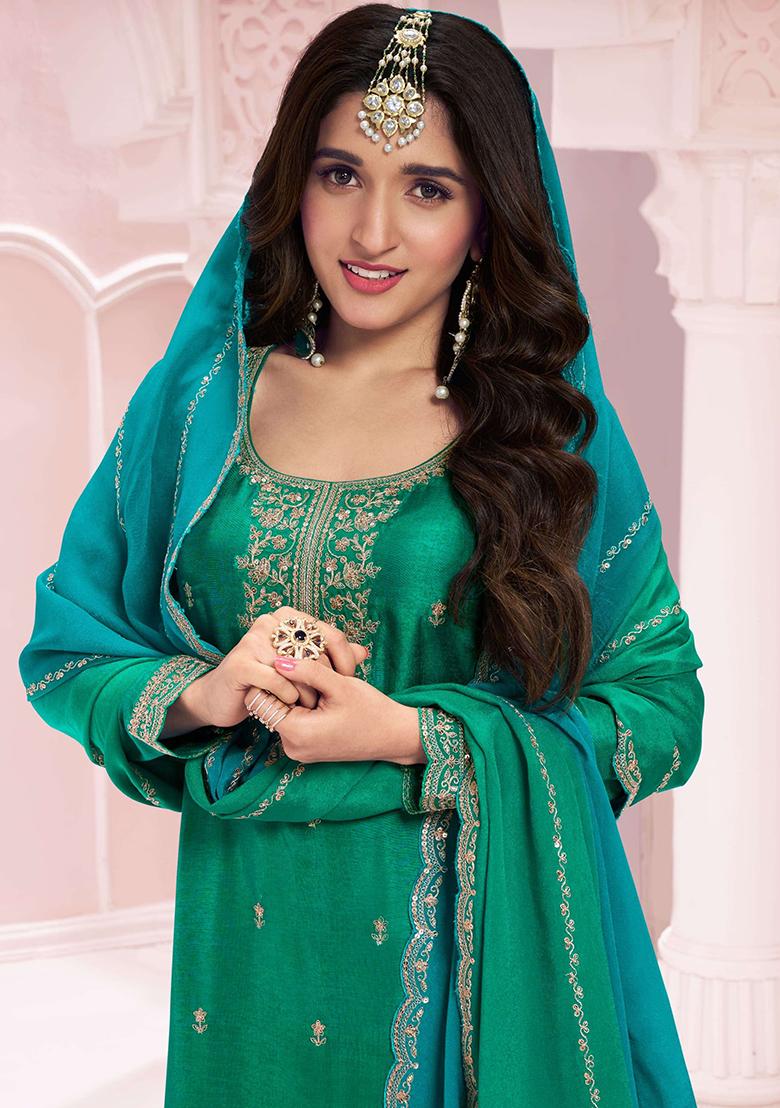 Pine Green Sequin Embroidered Vichitra Kurta Set