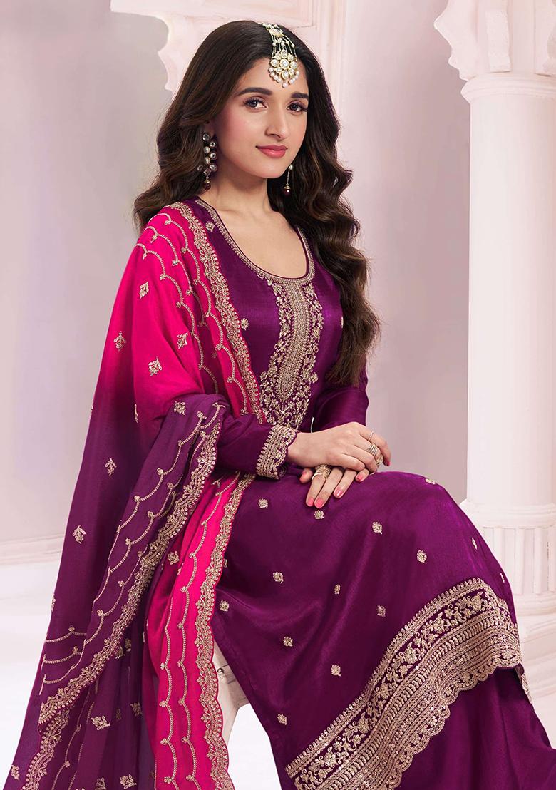 Purple Sequin Embroidered Vichitra Kurta Set