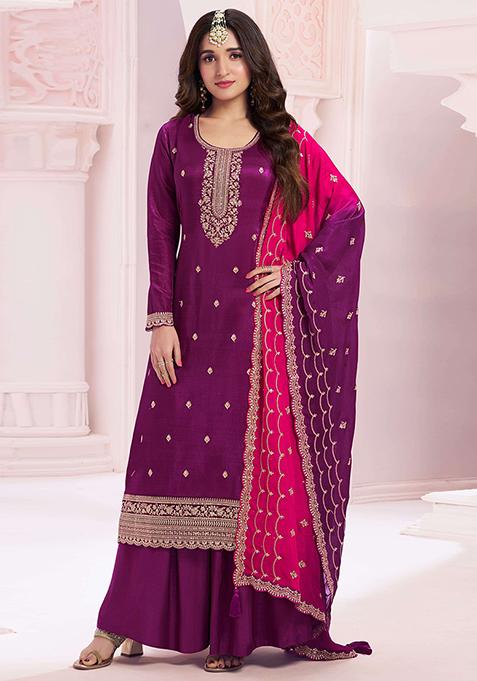 Women Purple Vichitra Silk  Embroidery Work Kurta Set With Dupatta