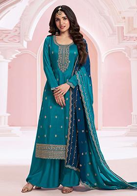 Teal Blue Sequin Embroidered Vichitra Kurta Set