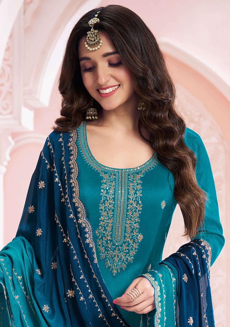 Teal Blue Sequin Embroidered Vichitra Kurta Set