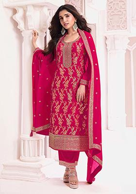 Pink Sequin Embroidered Jacquard Kurta Set