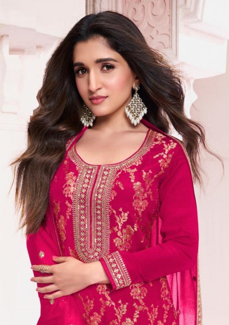 Pink Sequin Embroidered Jacquard Kurta Set