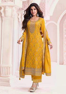 Yellow Sequin Embroidered Jacquard Kurta Set