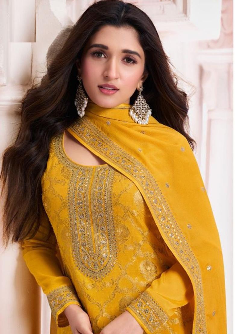 Yellow Sequin Embroidered Jacquard Kurta Set