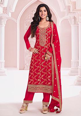Red Sequin Embroidered Jacquard Kurta Set