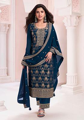 Blue Sequin Embroidered Jacquard Kurta Set